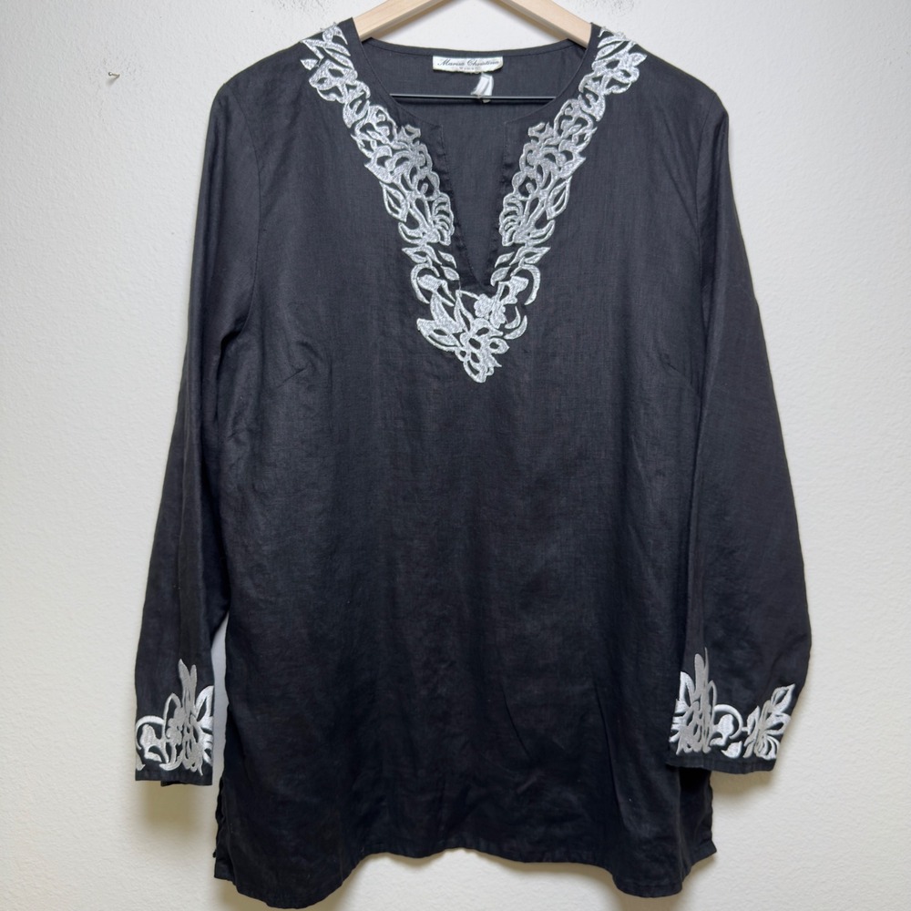 Marisa Christina Woman Linen Tunic Top 1X Black Embroidered V-Neck Long Sleeve